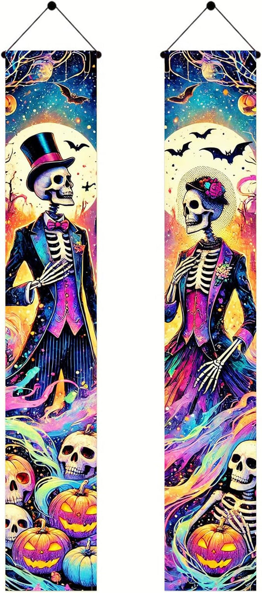 Skeleton Gentleman Lady Door Banner 12x71 Inch Halloween Holiday Porch Hanging Indoor Outdoor Front Door Vertical Decoration Purple Black Neon Pumpkin Bat Gothic Party Celebration Decor