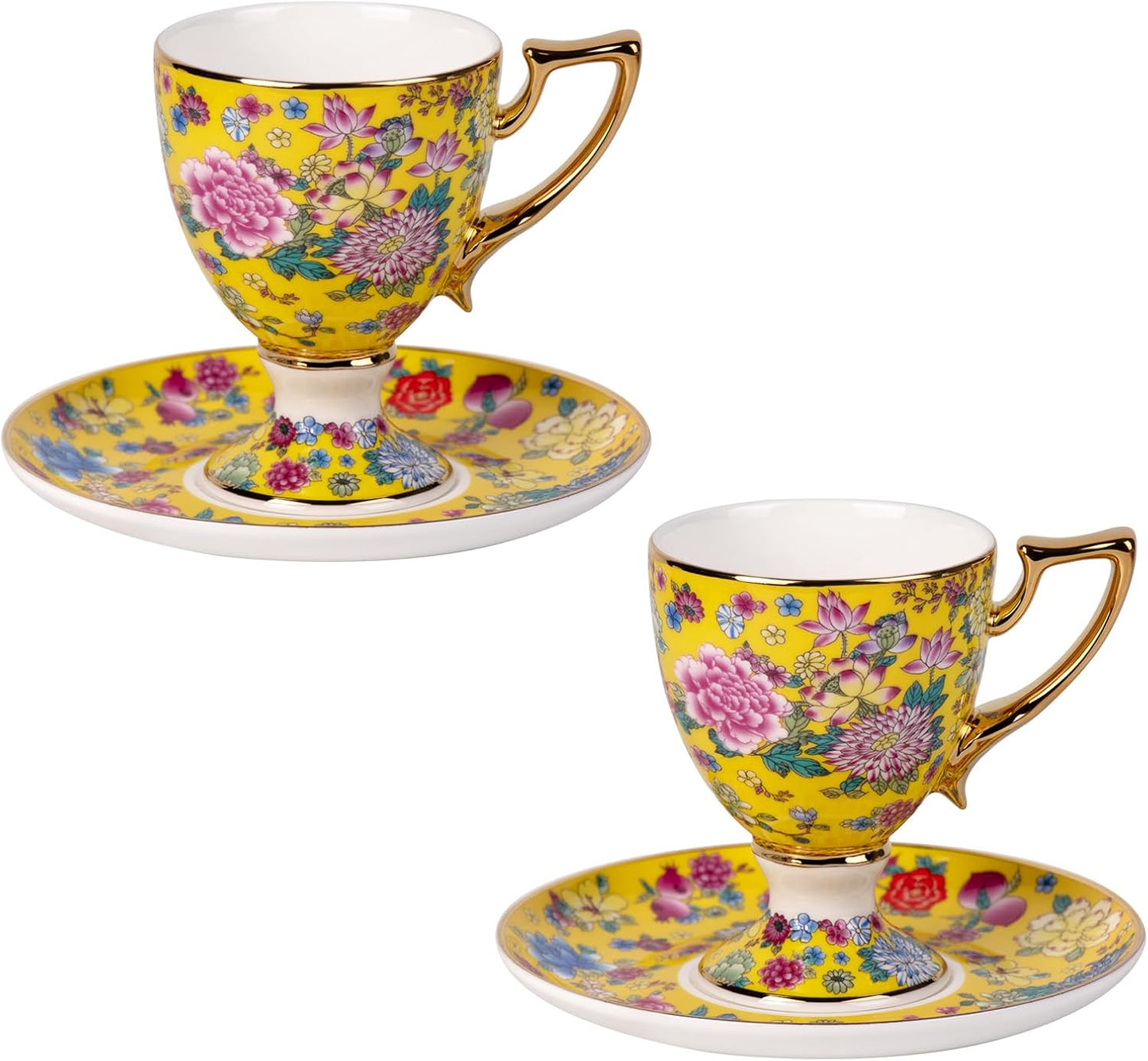 KAMMAK Tea Cups and Saucers Set of 2, Porcelain Coffee Cups with Saucer for Espresso, Cappuccino, 7oz Vintage Yellow Floral Ceramic Demitasse Mug for Home, Tea Party, Office