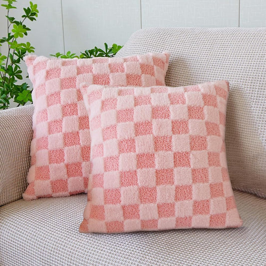 Faux Fur Plush Decorative Throw Pillow Covers 18x18 Square Checkered Soft Faux Fur Pillow Covers for Couch Christmas Set of 2 Pink-Z x2