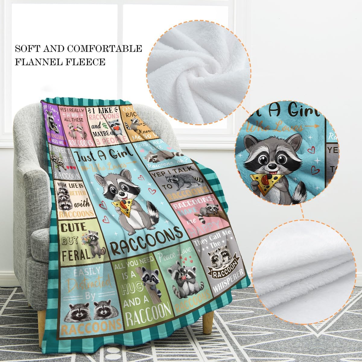 Jekeno Raccoon Blanket Cute Animals Gifts for Women Men Kids Girls Boys Mom Wife Friends Halloween Birthday Home Bedroom Living Room Decor Colorful Throw Blanket 60"x80"