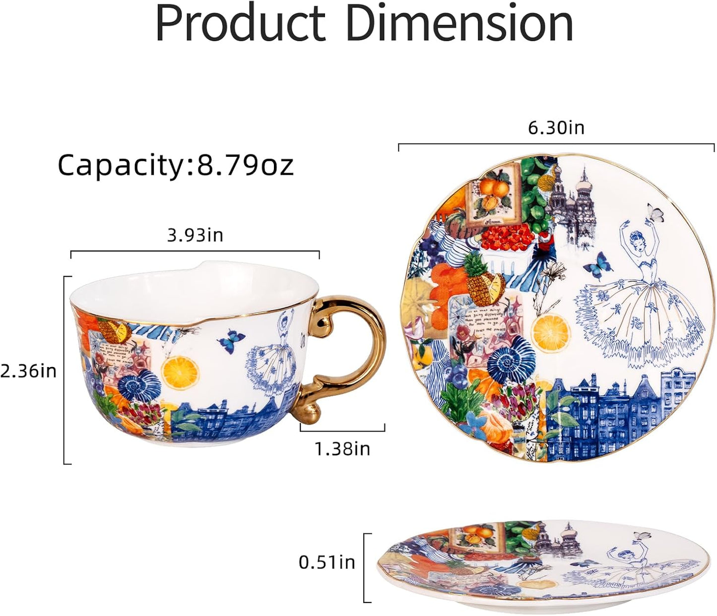 KAMMAK Tea Cups and Saucers Set of 2, Fine Bone China Coffee Cups, 8.5-Ounce Stackable Espresso Mugs, Ceramic Demitasse for Coffee, Cappuccino, Latte, Americano, Tea, Dream Ballet