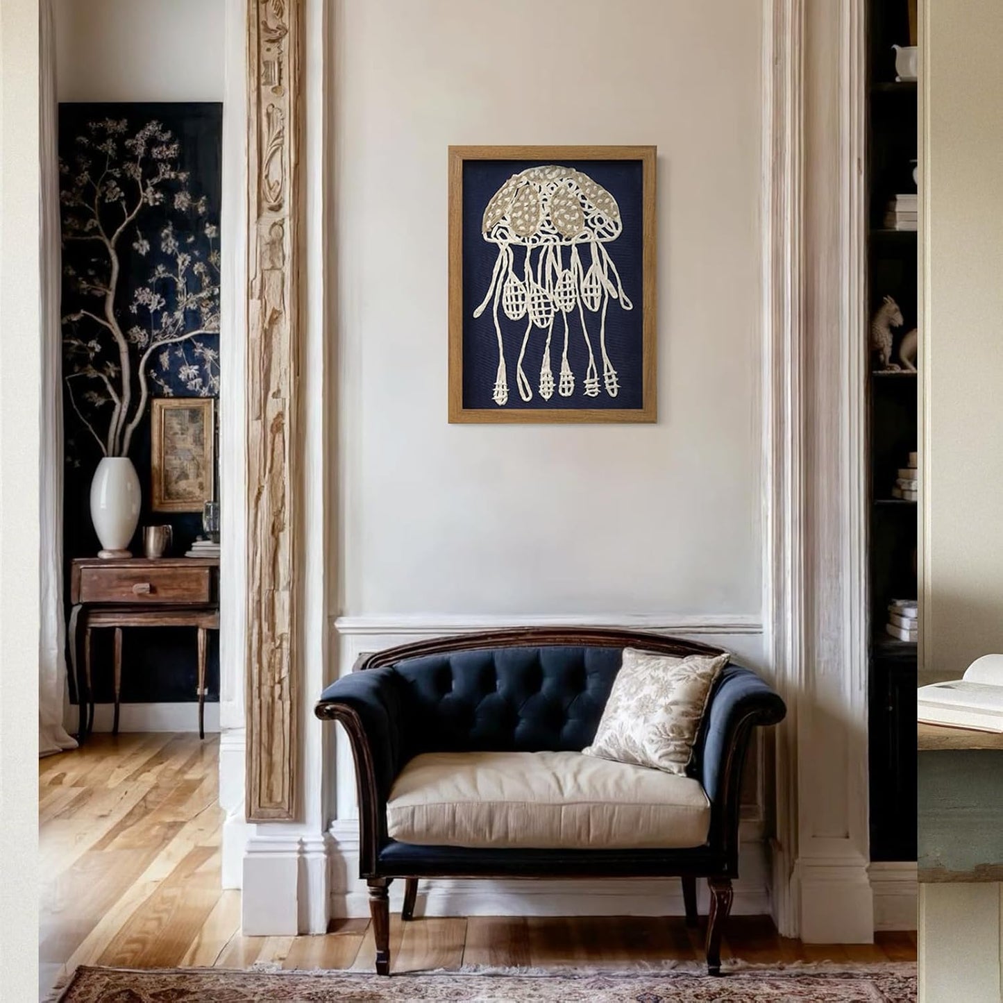 FOLKOR Framed Coastal Wall Art Decor for Living Room Bedroom, 12x16 3D Handmade Rice Paper Jellyfish Wall Hanging Sculpture, Ocean Blue Shadow Box Art for Modern Eclectic Bathroom Dining Room Nursery