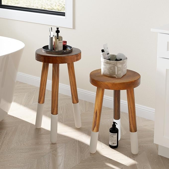 Teak 11.8" Round Dip Dyed Teak Stool | Wood Accent Side Table | Wood Plant Stand (20" Tall White)