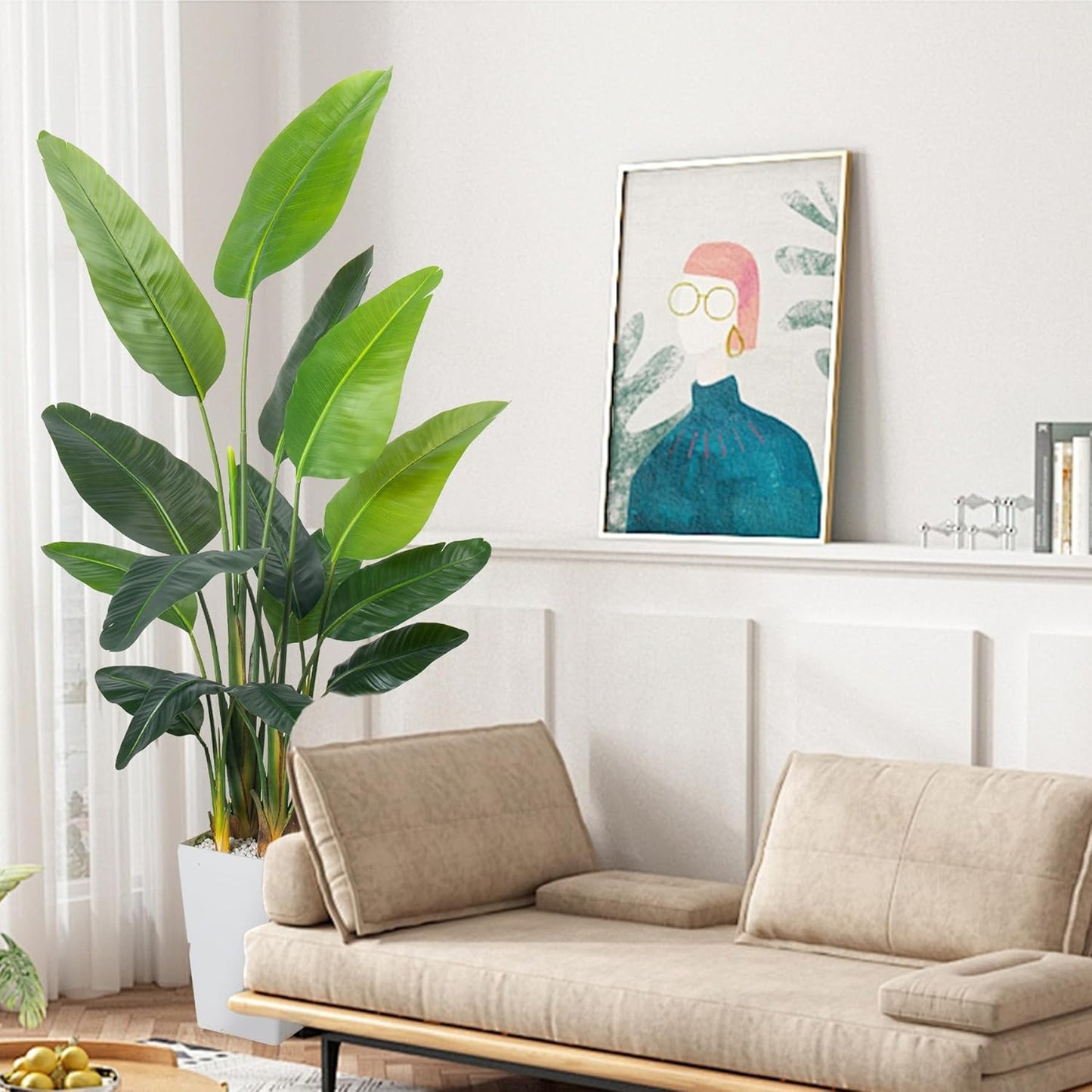 Bird of Paradise Artificial Plant 6.8FT, Faux Tropical Palm Tree with White Tall Planter, Large Fake Plants in Pot - Artificial Tree for Home Office Living Room Decor Indoor