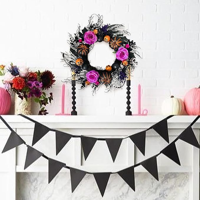 22 Inch Halloween Wreaths for Front Door Artificial Black Welcome Wreath with Pumpink Rose Skeleton Hand Indoor Outdoor Wall Holiday Decorations