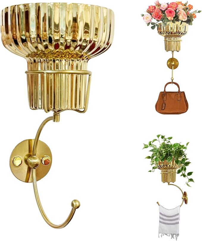 Hanging Plant Wall Vessel for Flowers with Hook, Indoor Outdoor Boho Bathroom Decor Wall Art Planter Mounted Vase (Gold)