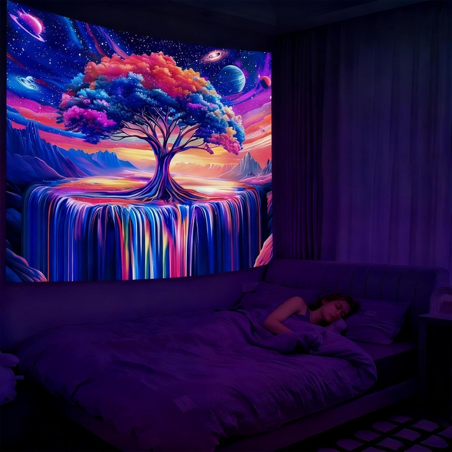 Blacklight Tree of Life Tapestry for Bedroom, Black Light Posters Space Galaxy UV Reactive Art Tapestries Aesthetic, Colorful Starry Sky Wall Hanging for Adults Living Room Dorm Decor (51'' x 60'')