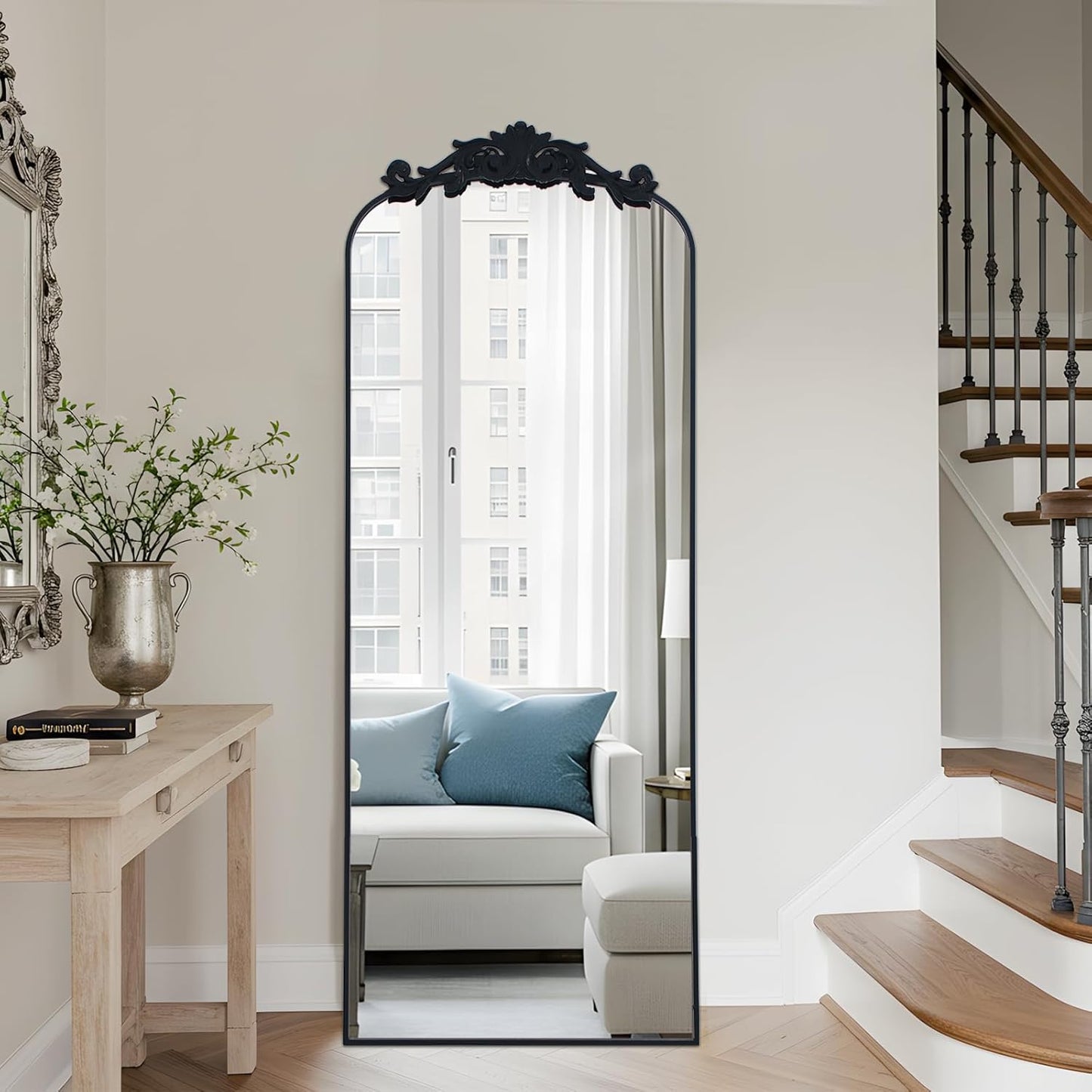 Filigree Floor Mirror 58"x18" Full Length Freestanding with Vintage Ornate Carved Applique Full Body Mirror Hanging Wall Mounted for Living Room Bedroom Retor Home Decor Mirror, Black