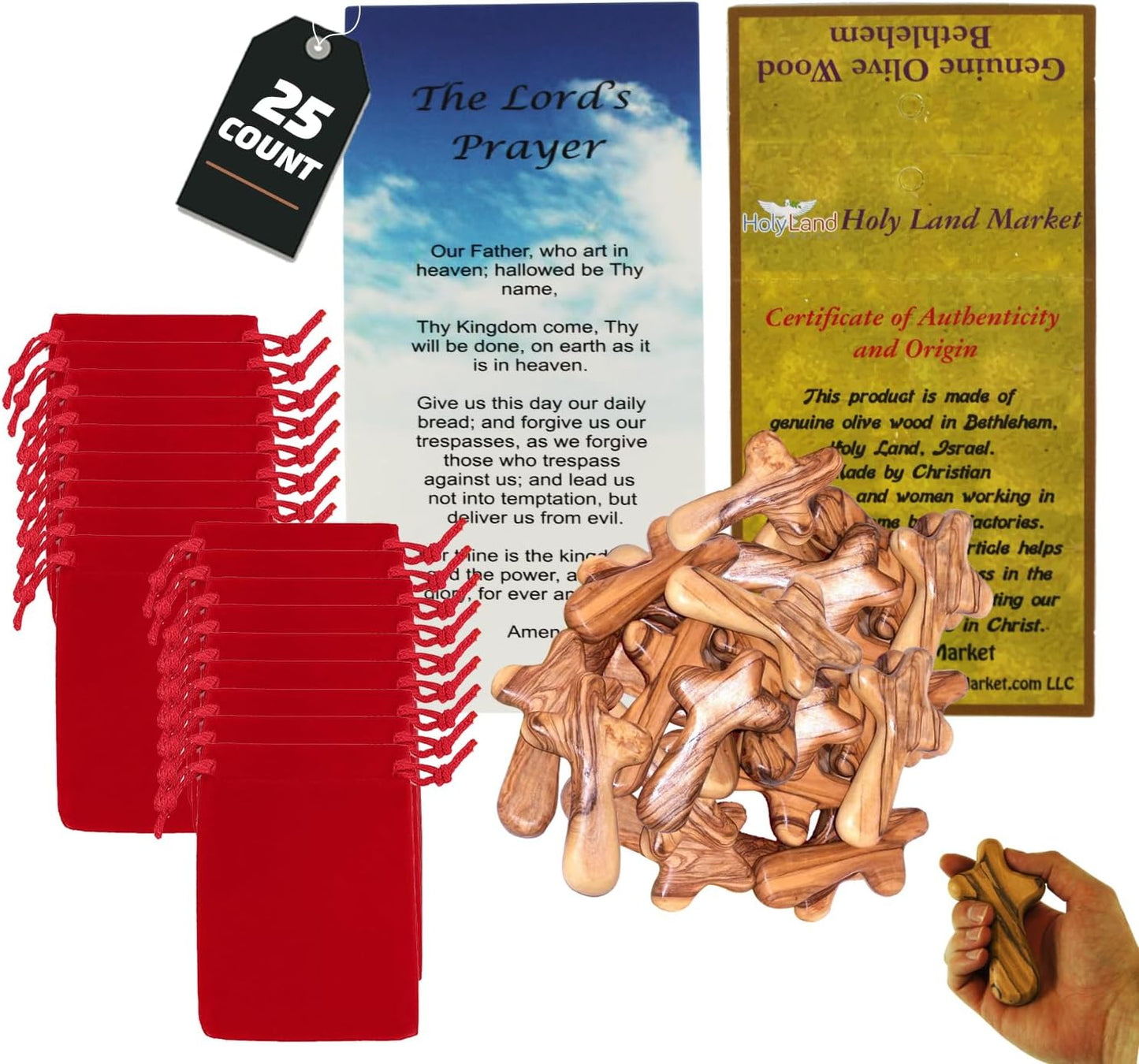 Holy Land Market Comfort/Holding Cross Also Known as Palm or Hand Cross With Velvet Bag And Two Certificates (4 Inches) (25)