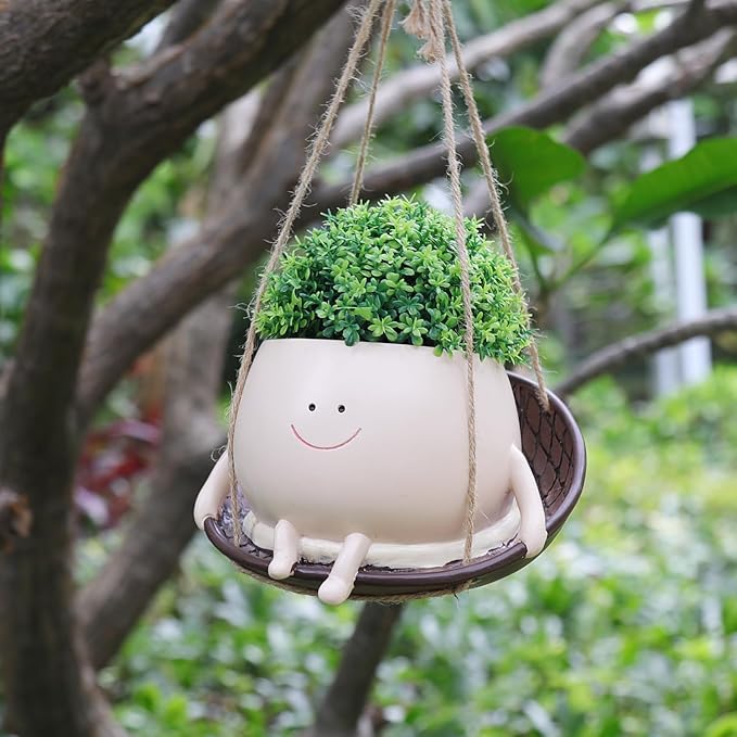 bestbear Hanging Swing Chair Planter Pot Resin Smiley Face Planter for Indoor Outdoor Plant Cute Head Flower Pots for String of Pearls Plant Live Unique IdeaI for Mother Day, Christmas (Large)