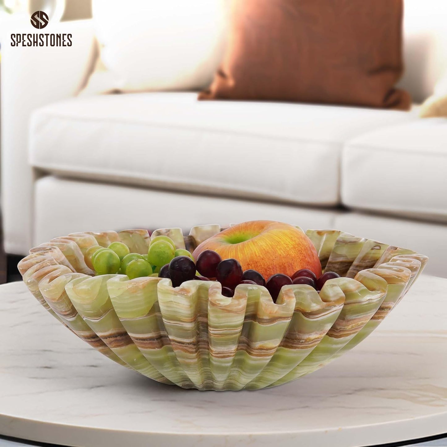 Marble Decorative Bowl 10 Inch Green Onyx Large Fruit Bowl for Kitchen Counter and Dining Table Centerpiece - Modern Stone Ruffle, Fluted and Scalloped Bowls for Home Decor