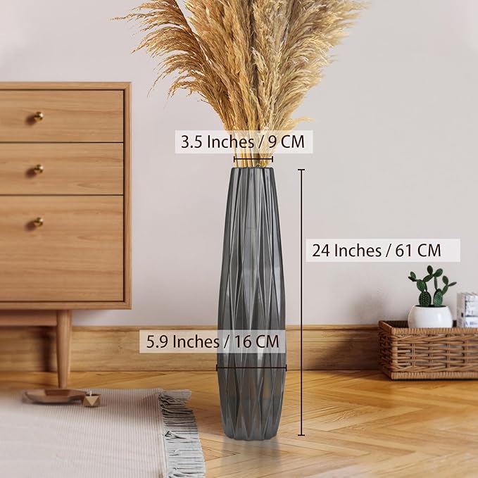 Silvery Ceramic Tall Floor Vase,24 Inch Large Modern Flower Vases for Home Décor,Wicker Big Floor Vase Decorations for Farmhouse, Living Room,Bedroom,Standing Plastic Vase Decorative Tall