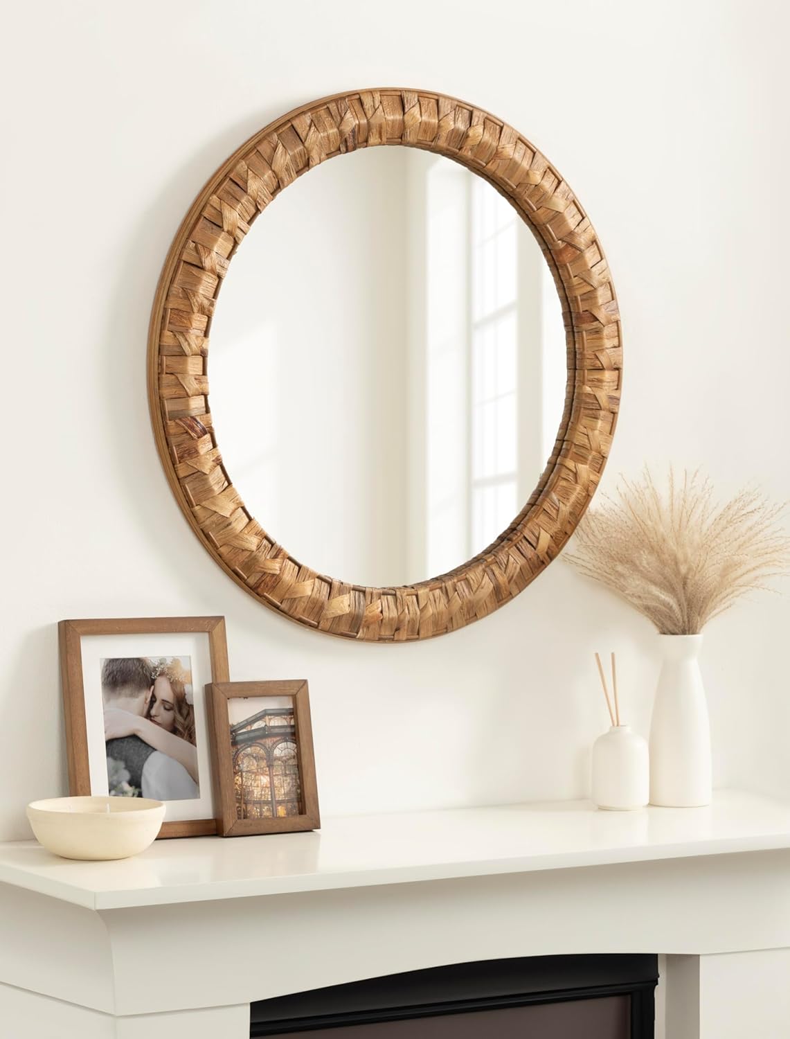Kate and Laurel Laalima Boho Woven Round Mirror, 26 Inch Diameter, Rustic Brown, Decorative Circle Mirror with Authentic Water Hyacinth Frame for Coastal Mirror Decor