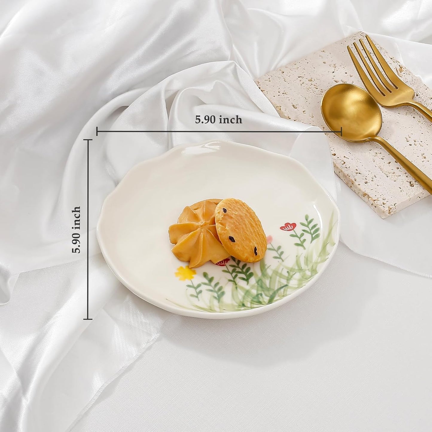 Koythin Ceramic Dessert Plates, Cute Fruits Dinner Plate, Printed Flowers Dinnerware for Office and Home, Kitchen Plates for Desserts (Hand Drawn Flower Fields)