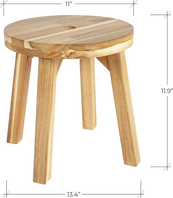 Nakina Stool 12" with Drain Hole – Acacia Wood, Compact & Water-Resistant for Bathroom, Kitchen & Patio
