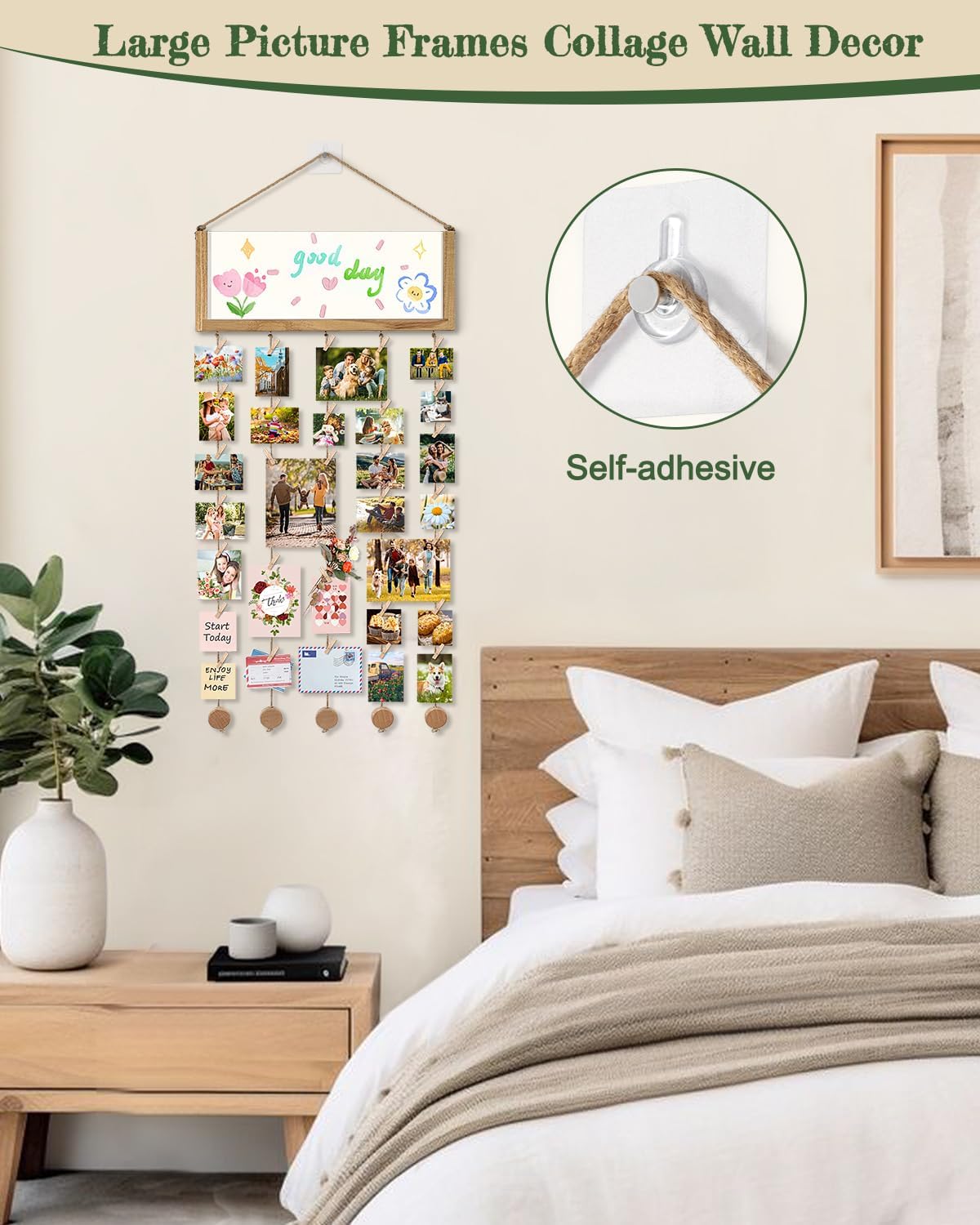 Bikoney Rustic Picture Frames Collage Wall Decor - Happy Birthday Banner Photo Hanging Display for Dorm Room Home with Gift Card Storage and 30 Clips