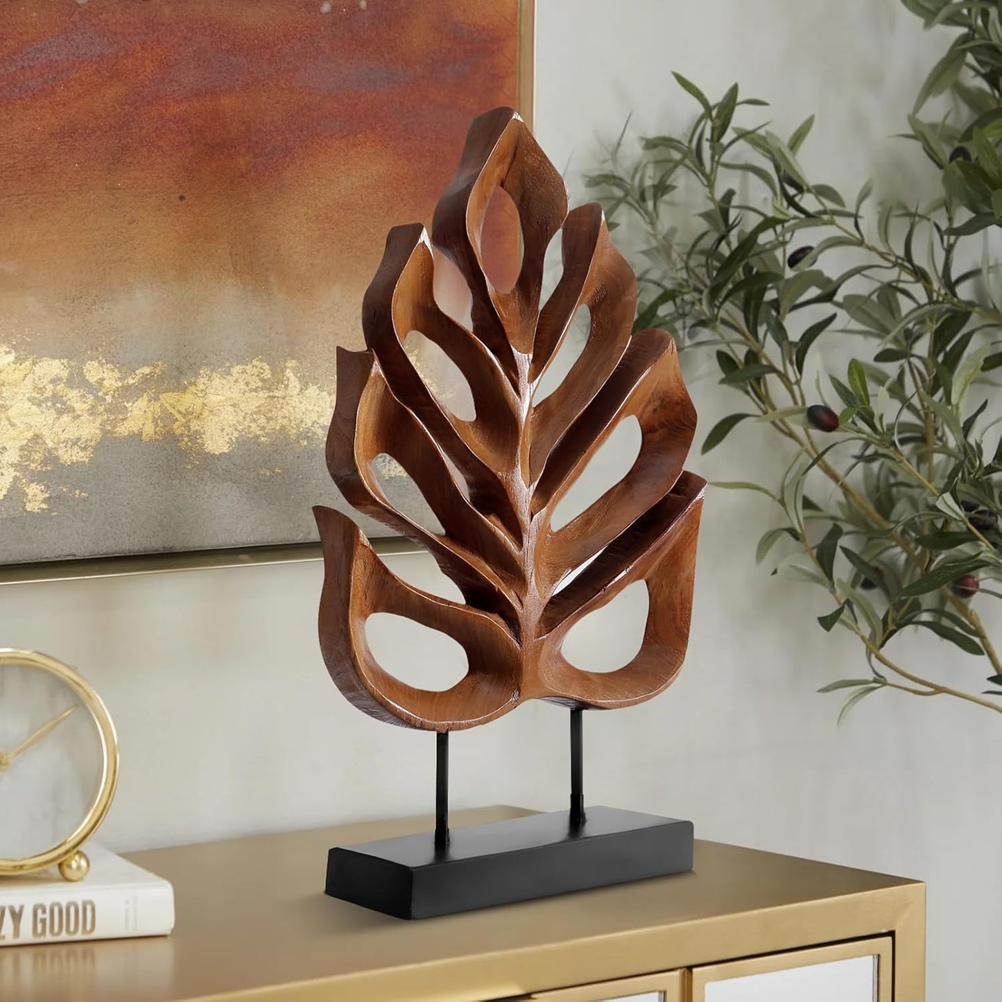 Leaf Teak Sculpture, Wood Tabletop Sculpture Collectible Decoration Gift for Home Office Decor