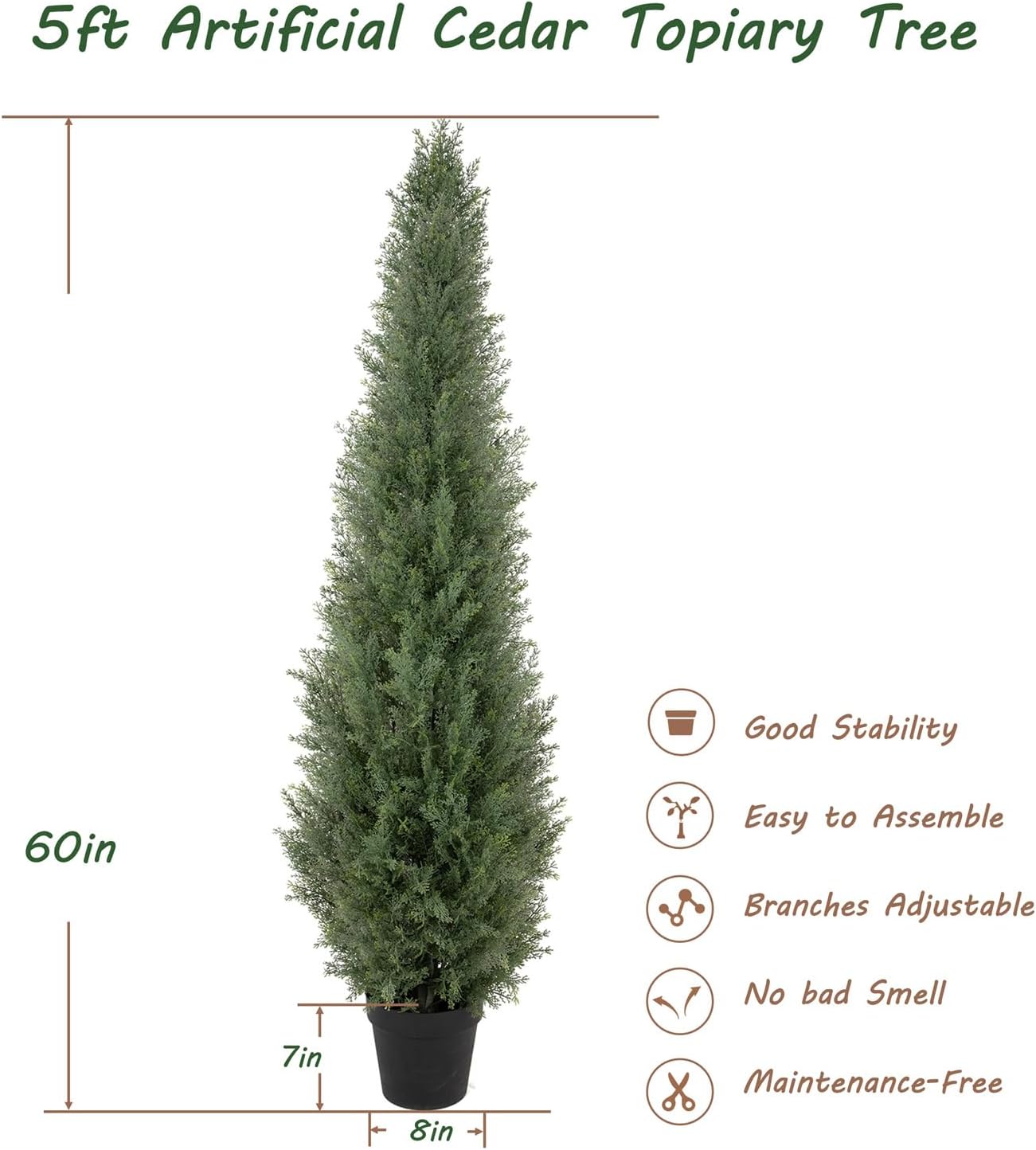 Bellacat 5ft UV Resistant Artificial Topiary Trees Outdoor, 60in Faux Cedar Tree with Full & Realistic Leaves, Fake Cypress Tree for Front Door Proch Patio Deck Balcony Yard Decor