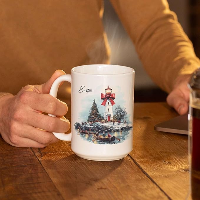 Unique Rowing Festival Cup, Custom Name Holiday Mug, Personalized Christmas Coffee Cup, Gift For Winter Lovers, Customized Christmas Accent Mug, Lighthouse And Bow Ceramic Cup 11oz 15oz