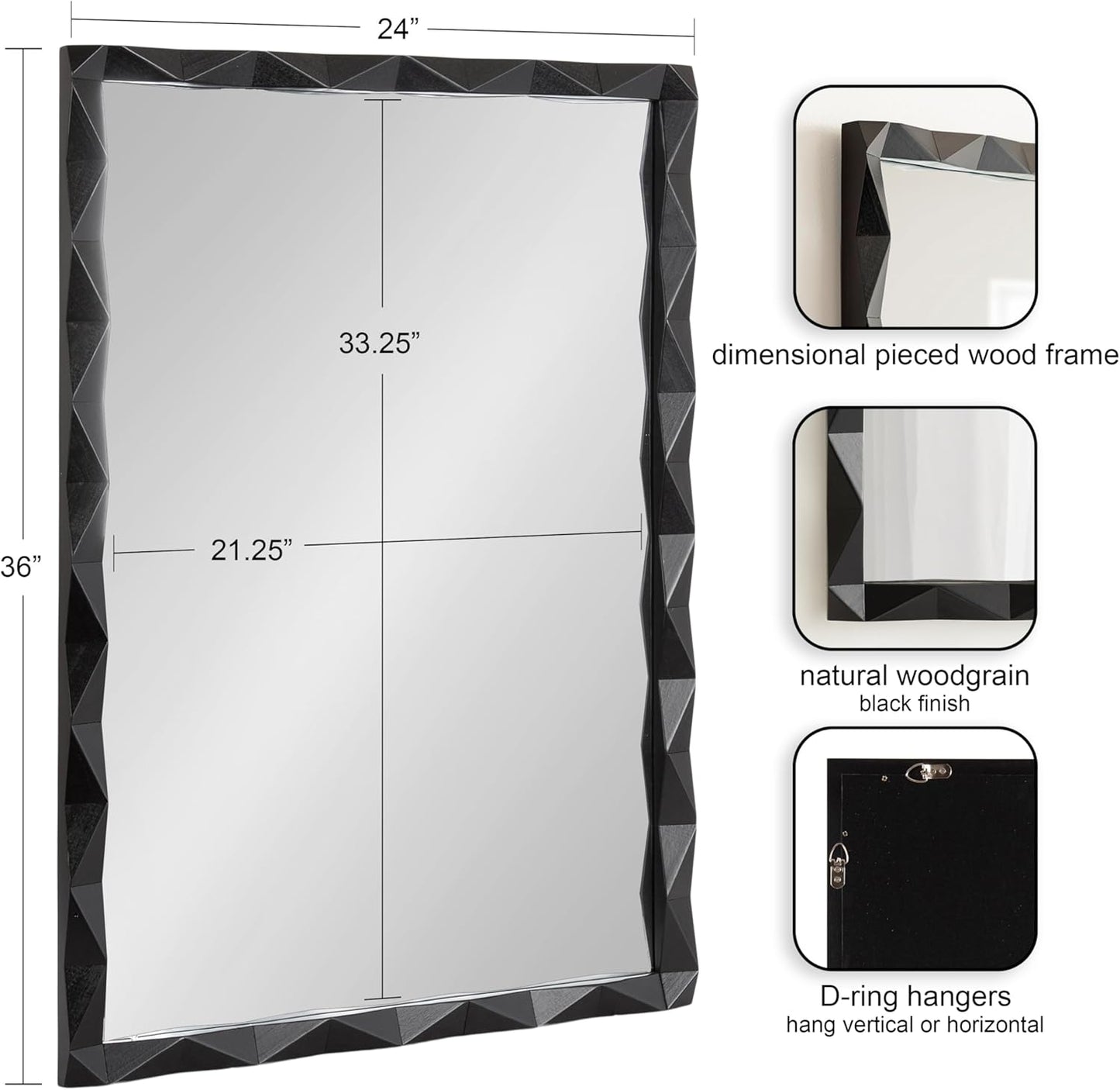 Kate and Laurel Endicott Modern Geometric Rectangle Wall Mirror, 24 x 36, Black, Rectangular Dimensional Pieced Wood Mirror for Use as Bathroom Mirror for Over Sink or Cute Nursery Mirror