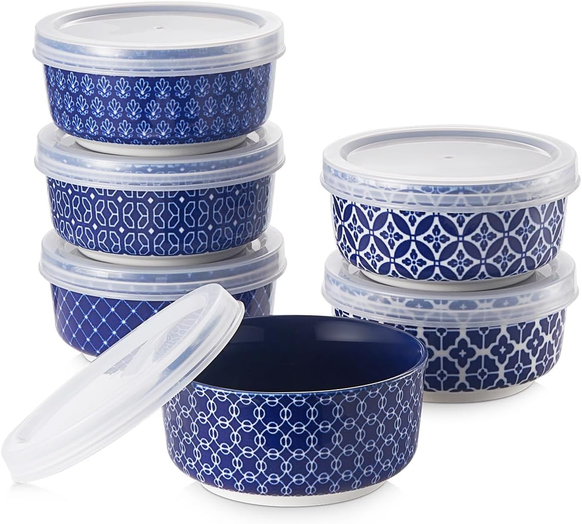 DOWAN Ramekins with Lids 4 oz, Ceramic Dipping Bowls with Lids, Small Oven Safe Baking Cups, For Personal Creme Brulee, Souffle, Custard, Ice Cream, Dipping Sauce Bowls, Set of 6, Vintage Blue