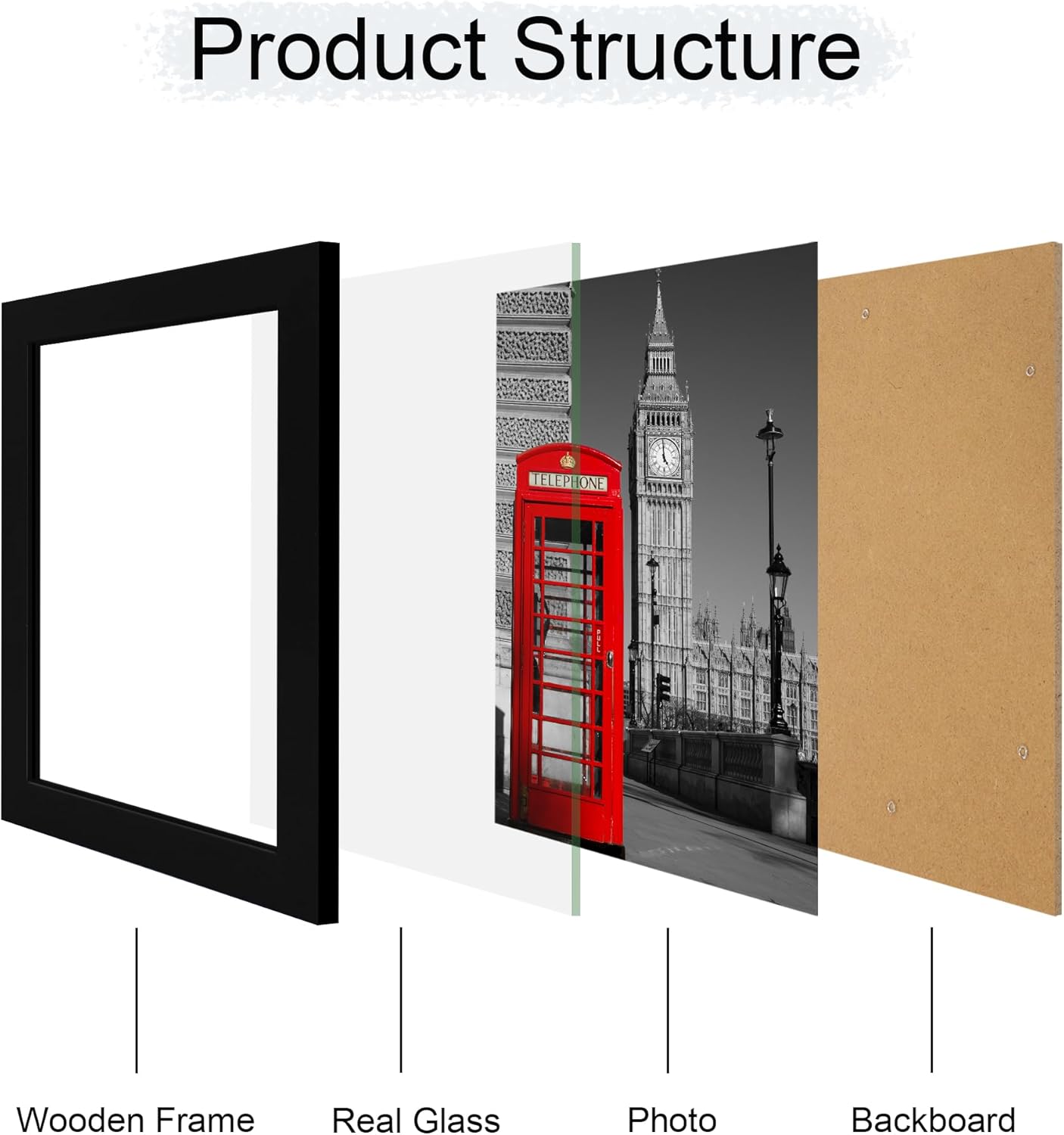 iRahmen 8x10 Picture Frame Set of 4, High Definition Glass Black Picture Frame, 8 x 10 Wood Rustic Photo Frames for Horizontal or Vertical Table Top and Wall Mounting