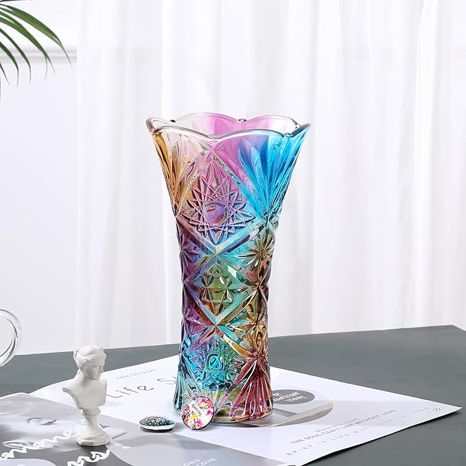 Glass Colorful Vase,Glass Flower Vase Decor for Home Dining Table Living Room,Office Wedding Holiday Party,Handmade Pattern(Sun Flower)