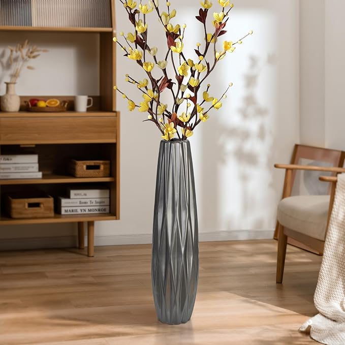 Silvery Ceramic Tall Floor Vase,17.7 Inch Large Modern Flower Vases for Home Décor,Wicker Big Floor Vase Decorations for Farmhouse, Living Room,Bedroom,Standing Plastic Vase Decorative Tall