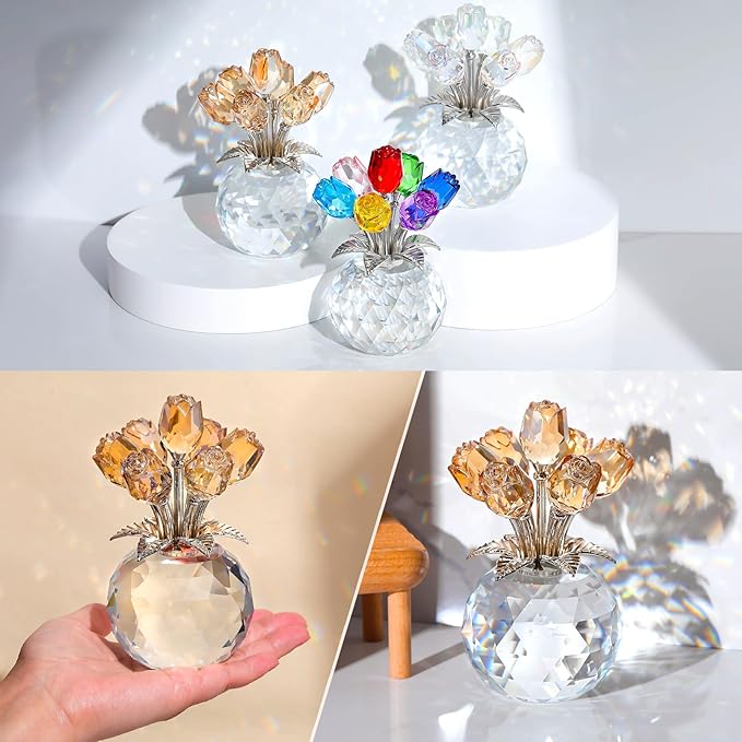 Ornalrist Crystal Gold Roses Figurine, Glass Roses Bouquet Collectible Decor Gifts for Wife Women Mom on Mother's Day Valentine's Day Wedding Anniversary