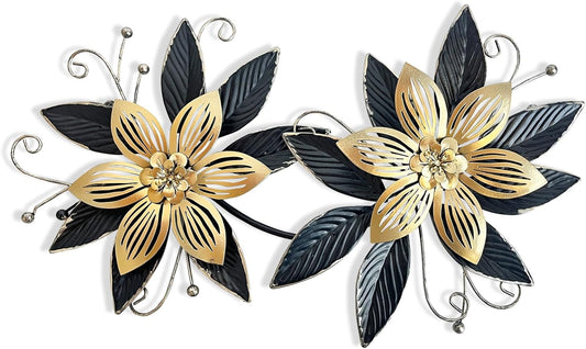 LIFFY Black Gold Metal Flowers Wall Decor,15" 3D Multi-layer Modern Floral Art, Rustic Distressed Hanging Decor for Indoor, Bedroom Living Room Garden Patio, Home Decoration Accent