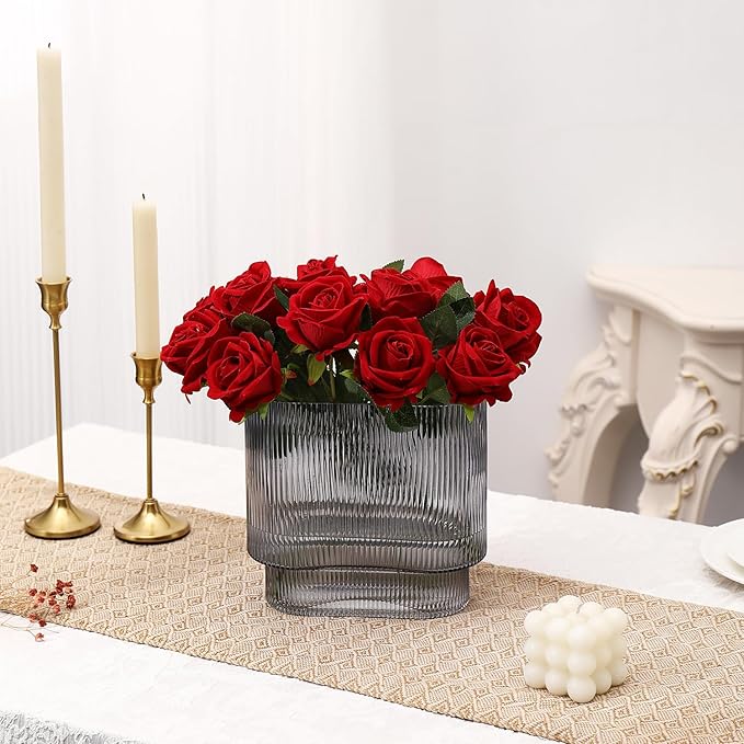 Ribbed Glass Vase, Black Glass Vase, Fluted Short Vases for Flowers, Modern Vases for Living Room, Dining Room, Bathroom, Desk, Shelf, Wedding, Office, 7 Inches