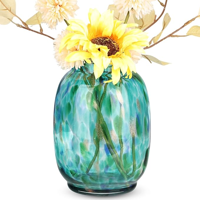 Blown Glass vase, Green Round Mouth vase, Modern Glass Art vase, Living Room Decorative vase for Living Room, Kitchen, Wedding, Dining Room Table, Office Centre Table with Flowers