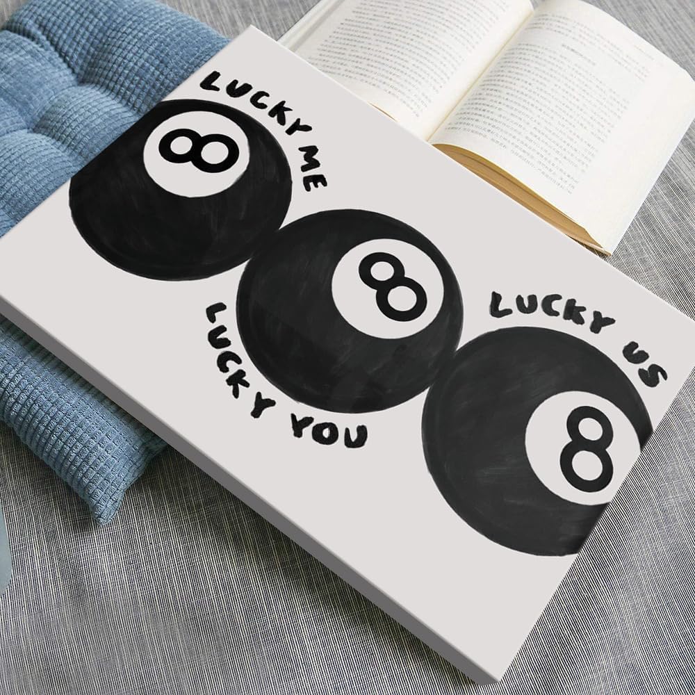 Lucky Me Lucky You Lucky Us Quote Cool Canvas Wall Art Vintage Black 8 Balls Poster Playful Billiards Print Paintings Trendy Aesthetic Pictures Decor for Home Game Room Bar Cart 24x36inch Framed