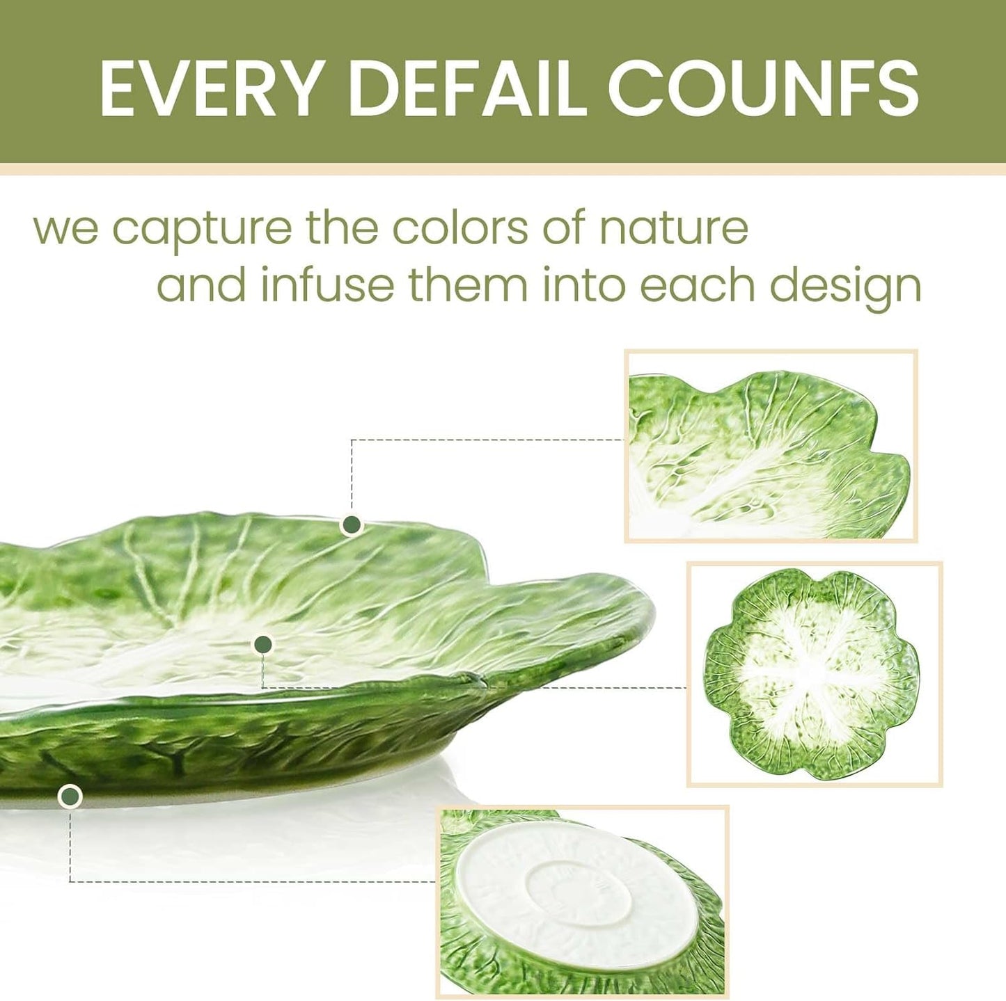 KXZ 2 Pcs of Cabbage Plates, Green Ceramic Salad Plate, 10.5 Inch Porcelain Decorative Plates for Kitchen, Round dishware for Dessert, Decorative, Dinner, Pancakes, Microwave & Dishwasher Safe