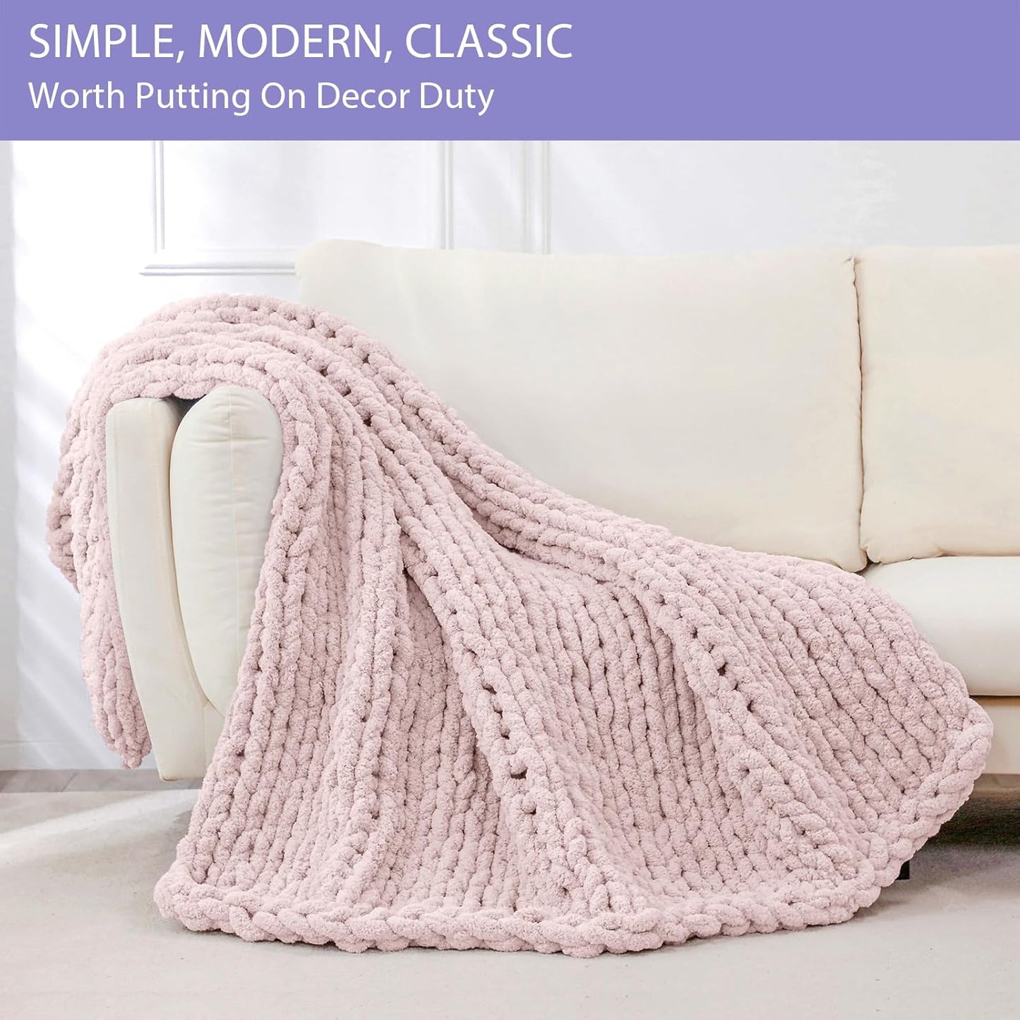 Bigacogo Chunky Knit Throw Blanket for Couch, 40x40 inches, 100% Hand Knitted with Thick Jumbo Chenille Yarn, Cozy Soft Large Rope Knot Cable Crochet Blankets for Sofa Bed Living Room, Rose Tan
