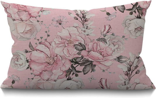 Floral Farmhouse Oblong Rectangle Throw Pillow Case Flowers And Leaves Pink Watercolor Floral Bolossom Flower Rose Spring Cotton Linen Cushion Cover Sofa Armchair Bedroom Livingroom 12x20 Inch
