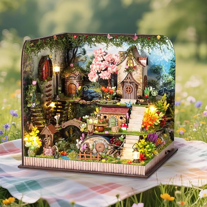 TuKIIE DIY Miniature House Kit with Furniture, 1:24 Scale Creative Room Mini Wooden Dollhouse Book Nook Plus Dust Proof & Music Movement for Kids Teens Adults(Whispering Woods)