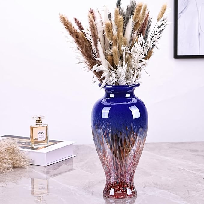 11.8" Tall Blown Blue Glass Vase, Colorful Opaque Glass Vase, Unique Design Wide Mouth Art Decoration for Home, Living Room, Dining Table, Pampas Grass Decor (Blue)