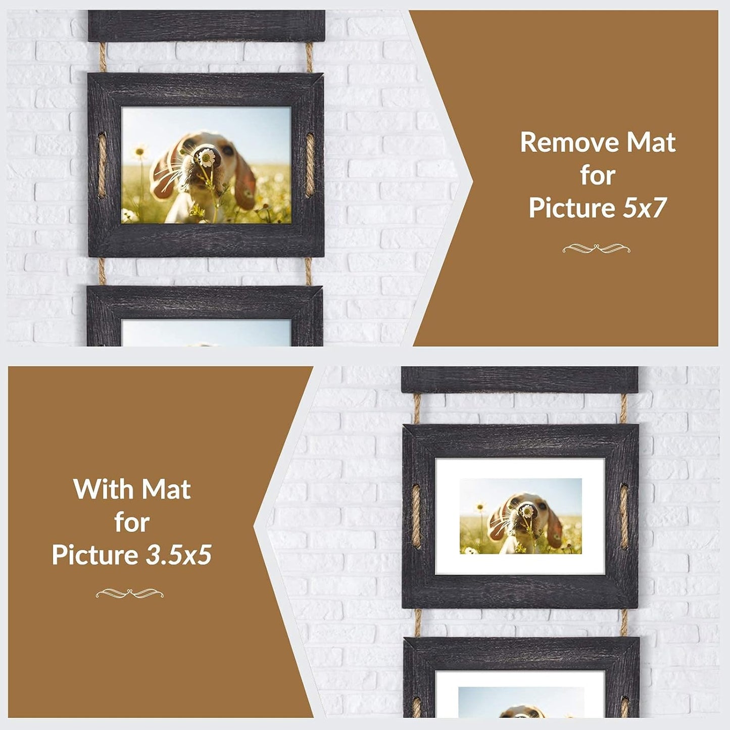 DLQuarts 5x7 Hanging Picture Frames Collage Wall Decor, 4-Opening, 3.5x5 With Mat or 5x7 Without Mat, Rustic Solid Wood Multi Picture Frames for Family, 1 Pack, Weathered Black
