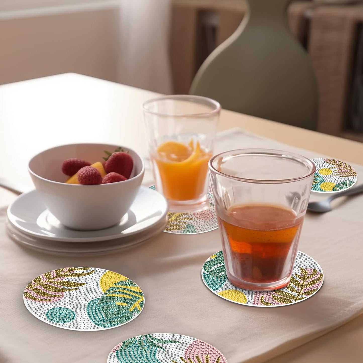 DIY Diamond Art Coasters with Holder, Boho Diamond Coasters Painting Coasters, Colorful Leaves Painting Kits for for Adults, Diamond Art Craft Kits (8 Pcs Pink Leaf Style with Holder)