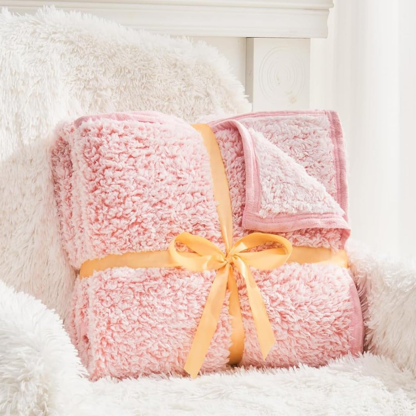 EMME Soft Sherpa Fleece Blanket Reversible Plush Fluffy Large Blanket, Light Weight Warm Decorative Boho Blanket Cover for Sofa, Couch, Bedroom,Travel(Plush Pink,90"x90")