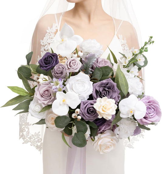 Ling's moment Lilac Wedding Bouquets for Bride, Purple Bridal Bouquets for Bride, 15 Inch Free Form Artificial Wedding Flower Bouquet