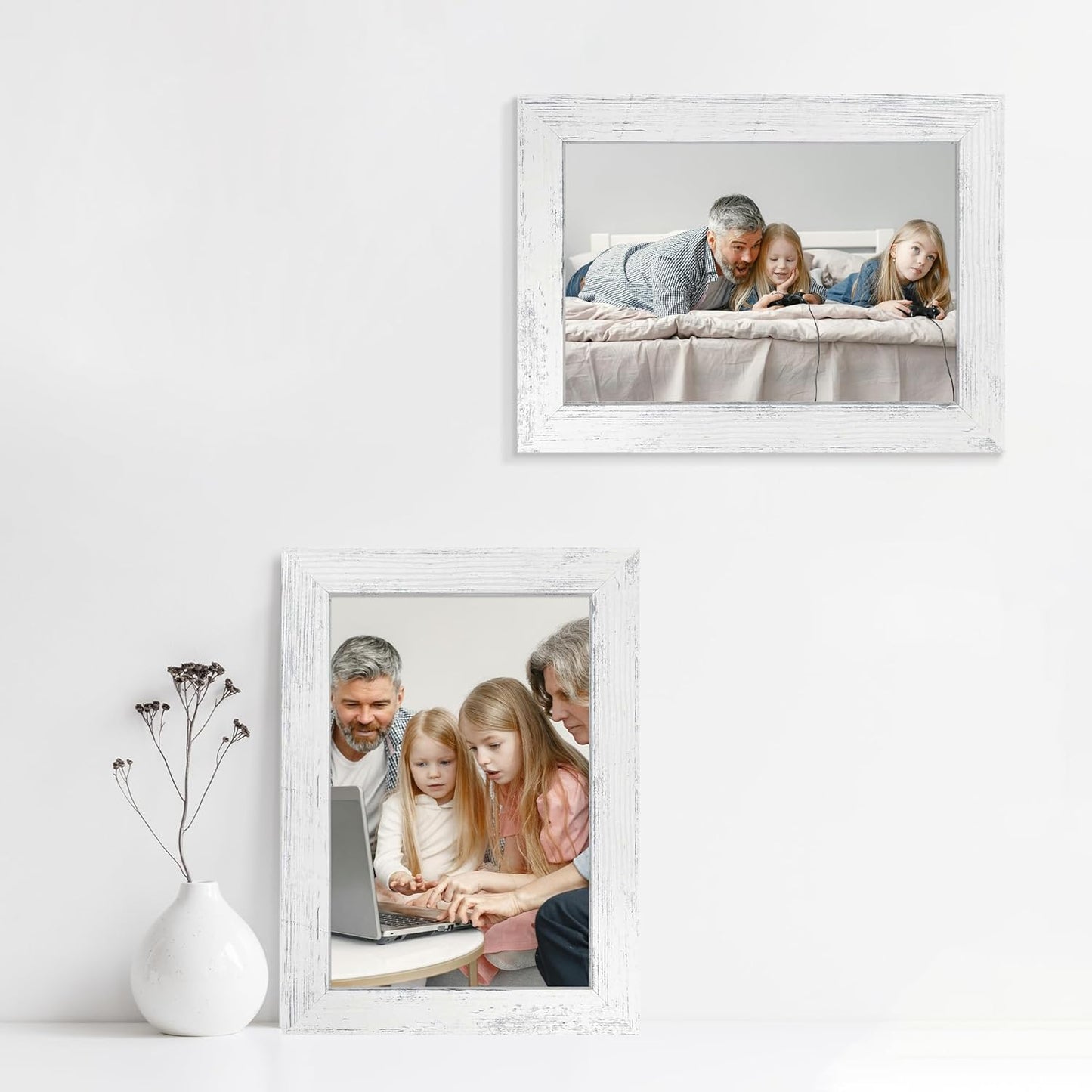 iRahmen 6x9 Picture Frame Set of 4, High Definition Glass Distressed White Frame, 6 x 9 Wood Photo Frames for Horizontal or Vertical Tabletop Display and Wall Mounting