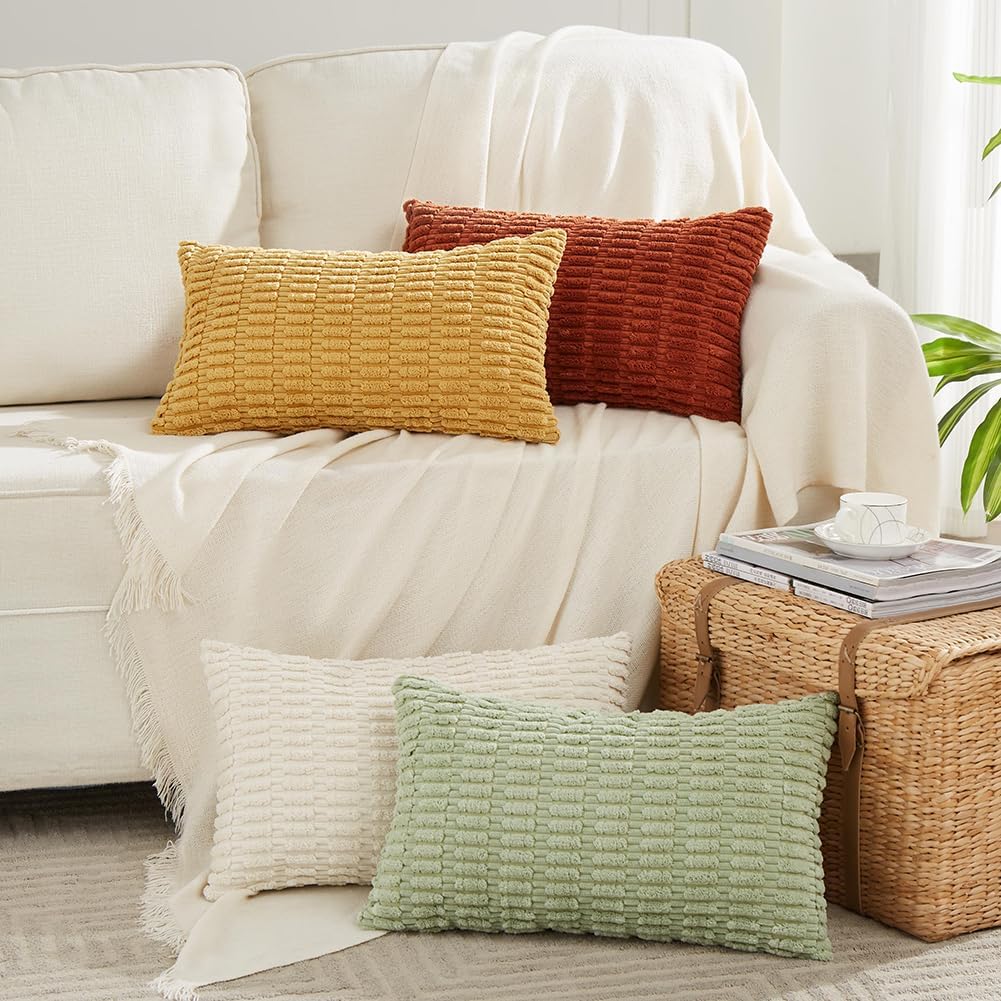 Fancy Homi 4 Packs Fall Boho Lumbar Decorative Throw Pillow Covers 12x20 Inch for Couch Bed Sofa, Aesthetic Modern Farmhouse Home Decor, Soft Striped Corduroy Rectangle Accent Cushion Case 30x50 cm