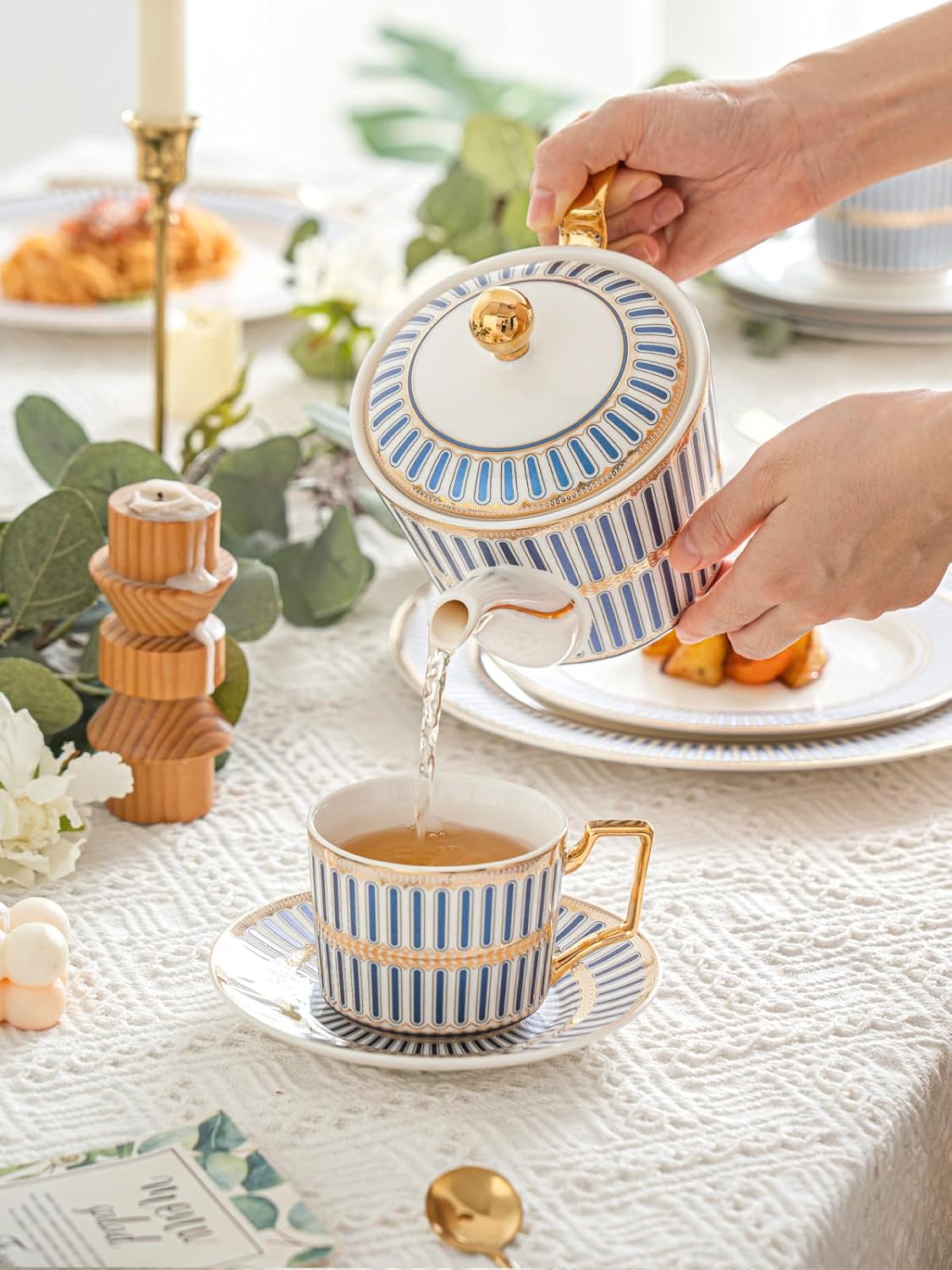 CwlwGO-Bone China Tea Cup Set of 4, Cup and Saucer Sets Service for 4 with 24 Ounces Teapot,Sugar Bowl,Creamer Pitcher,Elegant British Tea Cups for Tea Party,Gifts Box.