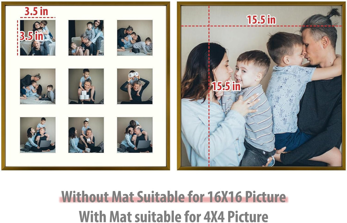 Frametory - 16x16 Aluminum Collage Picture Frame - Display 4x4 Pictures with 9 Openings Mat - Real Glass Front - Horizontal/Vertical Wall Mount - Bronze 1 Pack