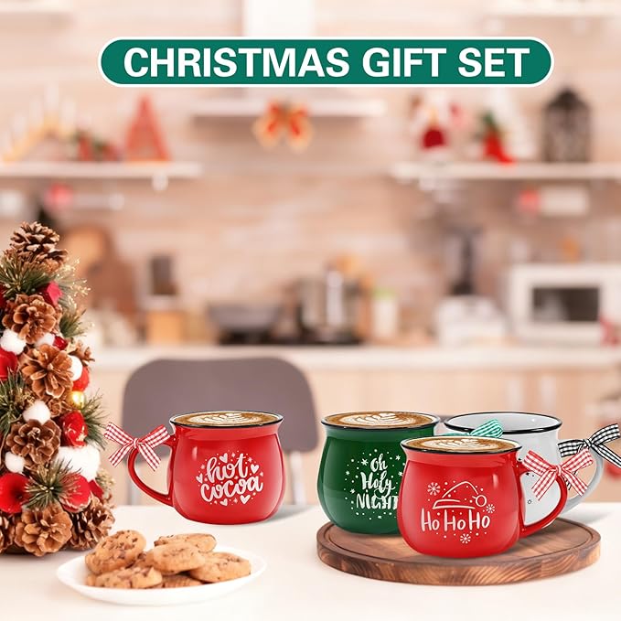 Zubebe Christmas Coffee Mugs Set of 12, 12 oz Hot Cocoa Ceramic Holiday Mugs Set for Mom, Woman, Family, Friend - Farmhouse Tiered Tray Decor, Coffee Bar Decor(Dark Green, Red, White,Classic)
