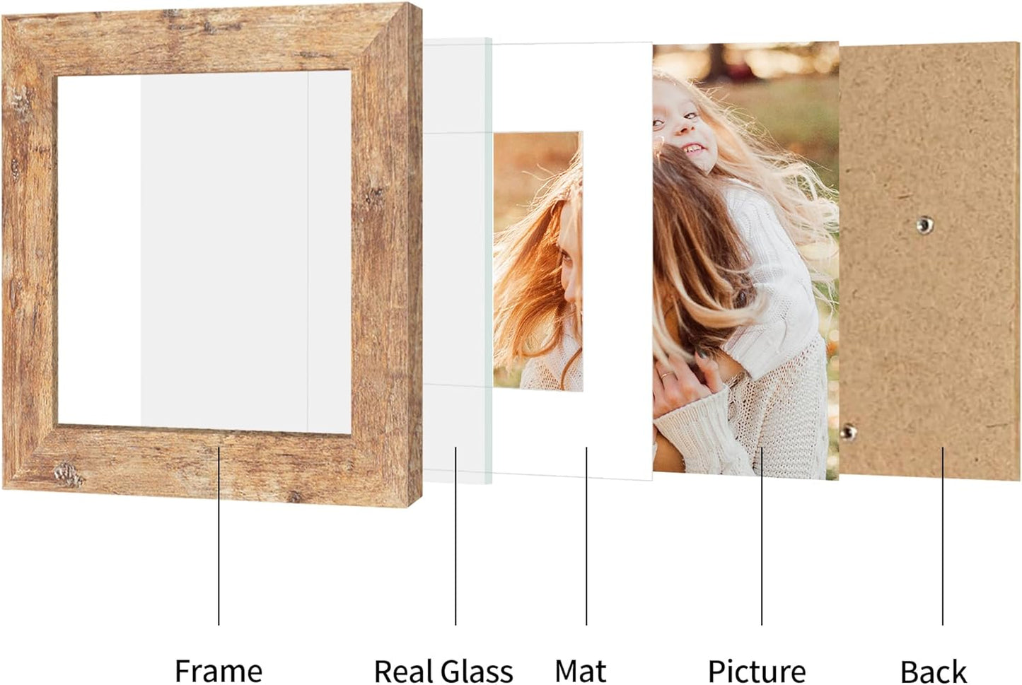 iRahmen 6x6 Picture Frame Set of 4 with Real Glass, Rustic Brown Frames Display 4x4 Picture with Mat or 6 x 6 Without Mat, Square Wood Photo Frame for Wall Mount and Tabletop Display