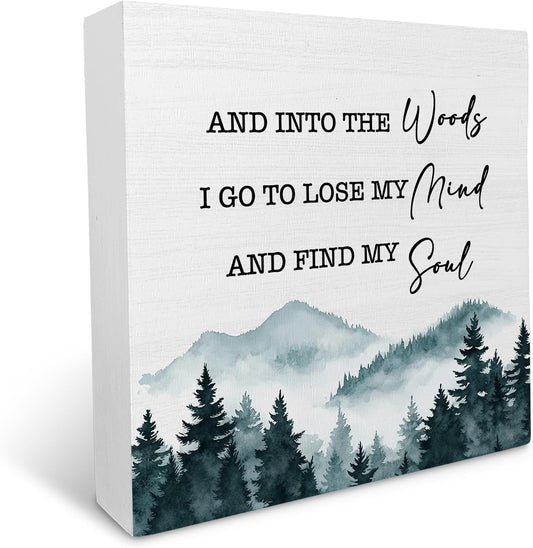 Ku-Dayi Camping Wooden Box Sign, Nature Mountain Wood Box Decorations for Home Office, Camper Accessories, Forest Into the Woods I Go to Lose My Mind Wooden Block Plaque Desk Shelf Decor 5x5 Inch