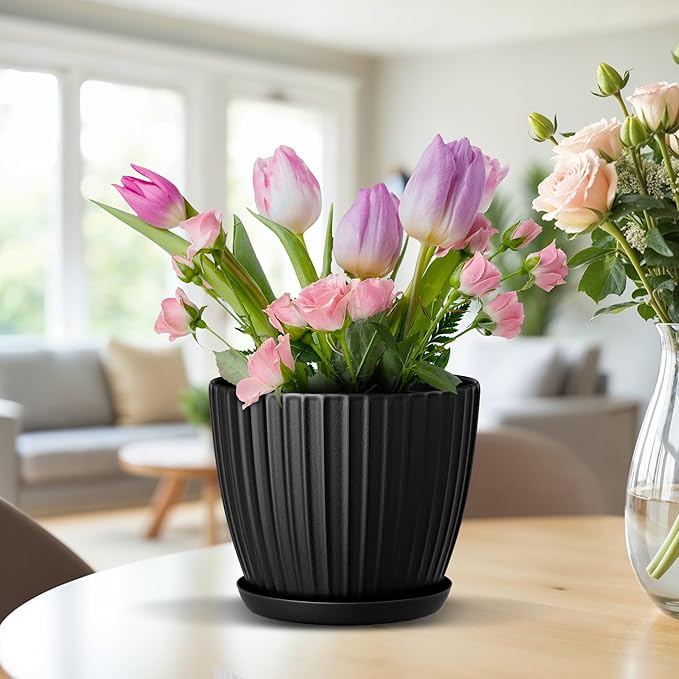 Black 6-Inch Plant Pots with Drainage & Saucers 12 Pack, Indoor & Outdoor Planters for Houseplants, Herbs, and Flowers, Durable & Weatherproof Material, Stackable, Lightweight, Minimalist Design